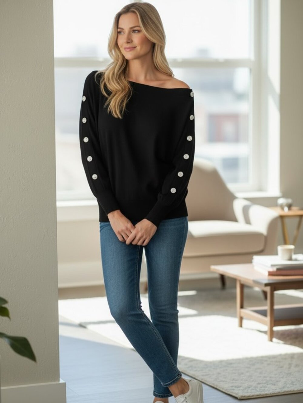 Women's INC Black Off the Shoulder Sweater with Clear Glass buttons